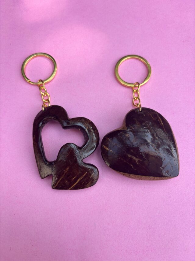 Coconut Shell Heart-Shaped & Double Heart-Shaped Keychains at Narikela Art